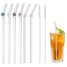 Tomtary 6pcs Reusable Bent Glass Straws with 2 Cleaning Brushes Shatter Resistant Curved Colorful Flowers Design Drinking Straws for Smoothies Juice Tea Coffee Milkshakes