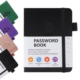 JUNART 4Colors A6 Password Book with Alphabetical Tabs and Elastic Pen Loop, PU Leather Cover, Secure Organizer for Home, Office and Travel（Black）
