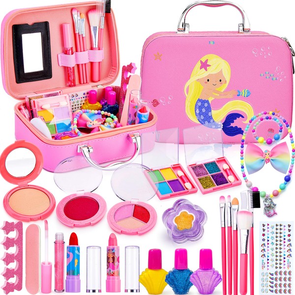 Lubibi Makeup Sets for Girls,24 Pcs Washable Real Make Up Kit with Mermaid Cosmetic Case, Non-Toxic Kids Makeup Set for Little Girls,Children Play Make-Up Toy Mermaid Gift for Girls Age 3 4 5 6 7 8 9