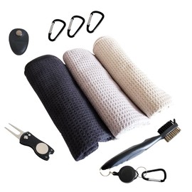 Golf Towel Magnetic + Golf Club Brush + Divot Tool Set - 3 x Golf Towel 60 x 40 cm Microfibre Golf Towels Waffle Pattern with Magnetic Clip (Pitchfork Black)