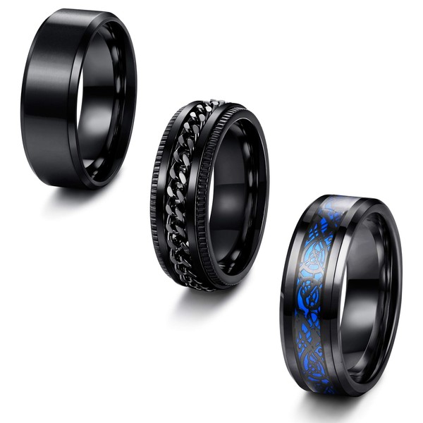 Milacolato 3 Pieces Stainless Steel Ring, Men's, Black Spinner Chain