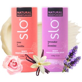 Slo Barra Hidratante Natural Bálsamo Corporal Con Ingredientes Orgánicos Hidratante Y Nutritivo Coco, Manteca De Cacao Y Antioxidantes Ideal Para Viajes Vainilla, Rosa Y Jazmín 2 X 60 G