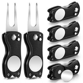 6 Packs Golf Repair Tool Stainless Steel Foldable Golf Divot Tool Magnetic Golf Button Tool Golf Ball Marker(Black)
