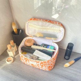 WYJ Orange Large Quilted Floral Makeup Bag Cute Soft Coquette Aesthetic Cosmetic Bag Cotton Travel Toiletry Bag for Women
