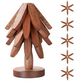 Markcco Wooden Hot Dish Coasters, Tree Shaped Coasters, 5 Wooden Coasters + 1 Stand Stored Like A Christmas Tree, Sapele Wood Trivet for Hot Pots Pans