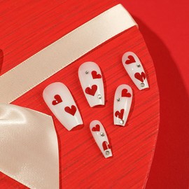 Valentine's Day Press on Nails Medium Length Rhinestones Love Heart False Nails with Design French Ballet Shaped Fake Nails Artificial Acrylic Nails Full Cover Coffin Nails, Glue on Nails for Women