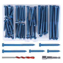 60 PCS 1/4" Blue Hex Washer Head Concrete Screws Anchor Kit with Drill Bit and Hex Bit Socket for Masonry, Cement, Block, Brick or Stucco