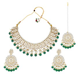 Aheli Silver Plated Kundan & Green Beads Studded Choker Necklace Dangle Earrings & Maangtikka Set Ethnic Jewellery Gift for Women