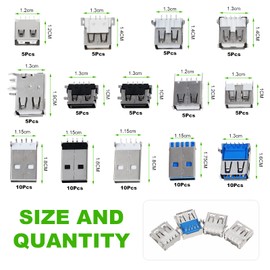 WiMas 95pcs USB 2.0 3.0 Type A Male Female Tecker Adapter Plug, Soldering USB Type A Female Assortment Kit Circuit Board Mounting DIY Soldering Replacement Parts