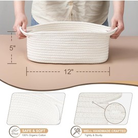 Rectangle Woven Basket with Gift Bags and Ribbons, 12X 8 X 5 Inch Empty Cotton Rope Baby Basket, Basket Organizer for Baby and Pet Toys, Cotton Rope Room Shelf Storage Basket with Handles (White)