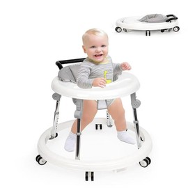 【Clearance sale】Baby Walker Foldable with 9 Adjustable Heights, Activity Center for Boys Girls Babies 7-18 Months, Baby Walker with Wheels Portable - Color: white