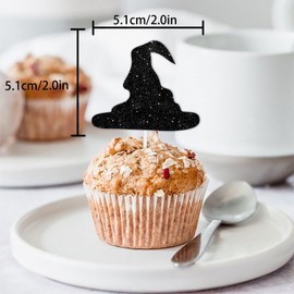 18pcs Black Pink Glitter Witch Hat Crown Dessert Cupcake Topper Pick for Princess Witch Party Theme Decor Supplies Men Women Boys Girls Happy Birthday Party Decoration