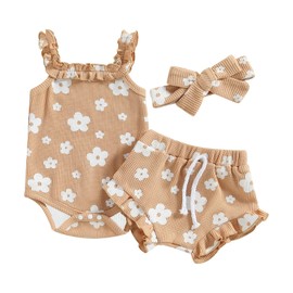 ZZUYFI Newborn Infant Baby Girl Summer Clothes Outfits Set Floral Print Romper Tops Drawstring Short Headband Clothes Set (Brown, 12-18 Months)