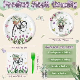 Spring Tulip Birthday Party Supplies - 96Pcs Spring Floral Eucalyptus Leaves Plates Napkins Forks Tableware Set, Disposable Paper Plates Party Decoration for Birthday Dinner Table Decor, Serve 24