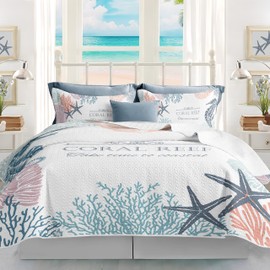 Coastal Bedding King Size Coastal Quilt with 2 Shams, Nautical Bedding Beach Comforter Sets Ocean Bedspreads Coastal Coverlet Summer Bedding, 96''x106''