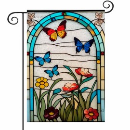 Stained Glass Garden Flags for Outside Floral and Butterfly Yard Flag Spring Summer Decorative Flags 12x18 Inch Double Sided Small Seasonal Lawn Flags Rustic Outdoor Decor