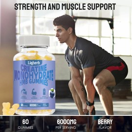 Liqherb Creatine HMB Gummies for Adults,Creatine Monohydrate 5000mg and HMB 1000mg Supports Muscle Recovery, Relieves Soreness, Improves Endurance, Non-GMO, Vegan, Gluten-Free, 120