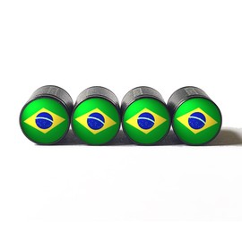 Brazil Flag Tire Valve Caps - Set of 4 - Black Aluminum - Fits on All Vehicles