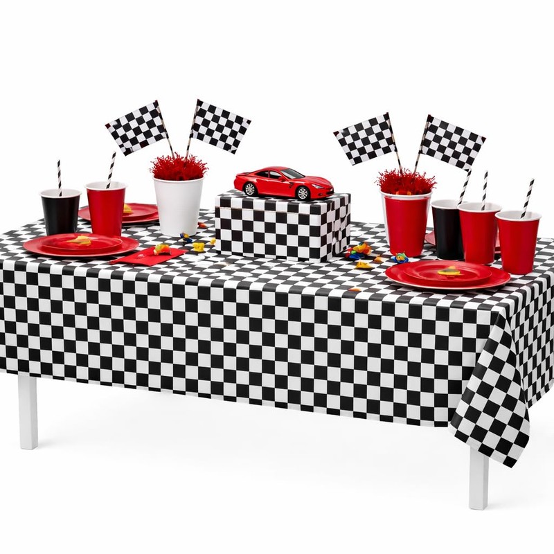 GiftExpress 2-Pack Black & White Checkered Flag Tablecloth Plastic Party