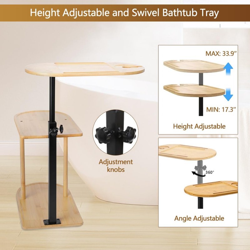 BeGyoku 3 Layer Bathtub Tray Table,Bamboo Swivel Bathtub Side Table