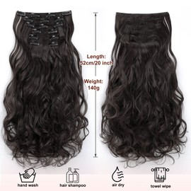 Dcbaboo Clip-In Hair Extensions, Wavy Clip-In Hairpiece, Wavy, 6 Pieces, 55 cm, Synthetic Hair Extensions with Clips, Curly Curls, Long Hair Extensions for Women, Chestnut Brown