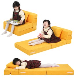 MeMoreCool Folding Sofa Bed for Kids, Corduroy Fold Out Chair Bed Toddler Futon Chair, Small Foldable Floor Mattress for Girl Boy, Portable Children Couch Sleeper Sofa, Yellow