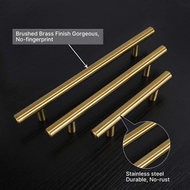 goldenwarm 5 Pack Brushed Brass Kitchen Cabinet Hardware Handle T Bar Handles Furniture Gold Door Drawer Pulls Knobs Hole Spacing 160mm 6-1/4in
