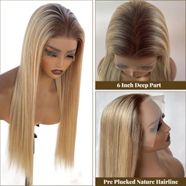 Highlight Blonde Lace Front Wigs Human Hair 180% Density 13X6 HD Transparent Glueless Wigs Human Hair for Women 28 Inch Ombre Highlights Brown to Blonde Lace Front Wig Pre Plucked with Baby Hair