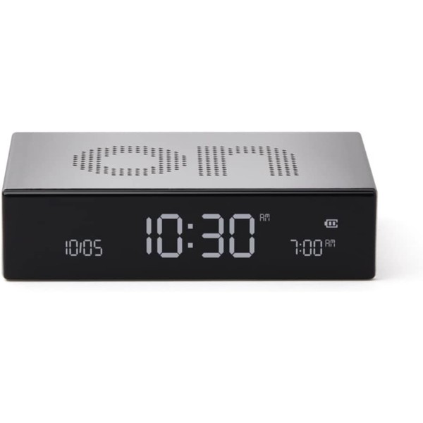 Lexon Flip Premium Digital Alarm Clock - Rechargeable Desk Clock with On/Off Faces - Snooze function, Pure VA LCD display, Touch & Sound Sensor, Aluminum - Silver