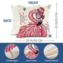 Fjfz 4th of July Flamingo Patriotic Decorative Throw Pillow Covers 20 x 20 Set of 4, Land of The Free Home of The Brave America Porch Outdoor Decor, Pink Stripes American USA Stars Couch Cushion Case