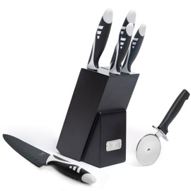 Moss & Stone 7-Piece Kitchen Knife Set with Block – Black Titanium Plated Stainless Steel Kitchen Knives, High Carbon Blades, Compact Cutlery Set for Home Cooking, Small Knife Set Black Wood Block