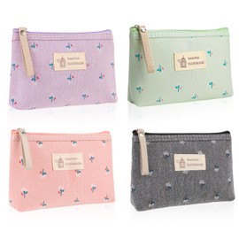 Newofview Pack of 4 Small Canvas Cosmetic Bags, Canvas Coin Bag, Multifunctional Makeup Bag, Portable Toiletry Bag for Women, 17 x 11.5 x 4 cm