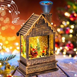 Garma Lighted Christmas Snow Globes Musical Lantern with Timer, Train Water Lanterns Snowing Glittering Battery Operated, Christmas Santa Claus Musical Lighted Christmas Home Décor (House Lantern)