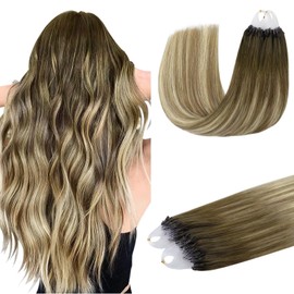DOORES Hair Extensions Short Human Hair Extensions, Balayage Walnut Brown to Ash Brown and Bleach Blonde 14 Inch 50g/50s, Micro Bead Hair Extensions