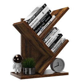 YMYNY 2 Tier Tree Bookshelf, Small Bookcase, Modern Wood Book Storage Rack Organizer, Freestanding Book Shelf for Books/Movies/CDs, Display Rack for Bedroom, Home Office, Rustic Brown UHBC012H