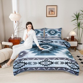 Blue Boho Grid Comforter Set Full Size 3 Pcs,Retro Ethnic Tribal Plaid Bedding Set for Kids Teens Adults,Purple Retro Geometric Stripes Comforter Duvet Set with 2 Pillowcases