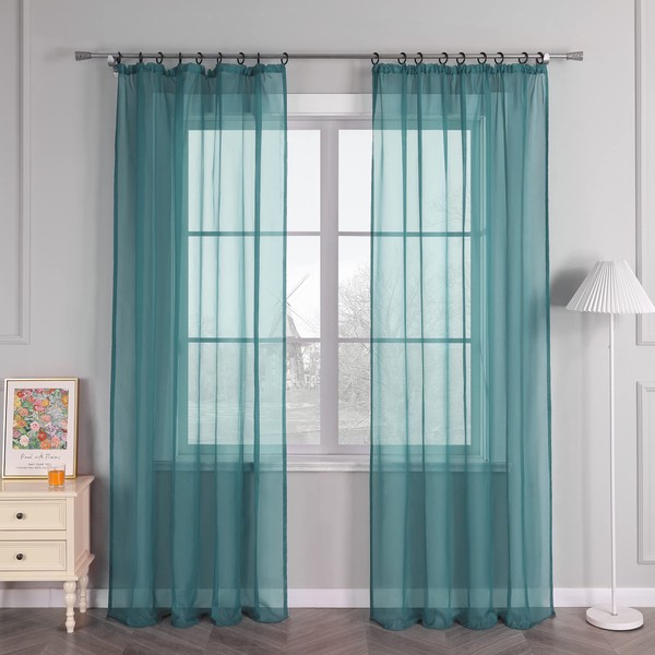 HongYa Pack of 1 Plain Curtain Transparent Voile Curtain with Ruffle Tape H/W 245/145 cm Aqua