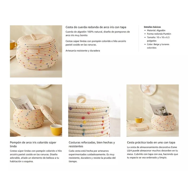 Esme L&H Cesta De Almacenamiento Con Tapa Cuerda Tejida Arcoíris