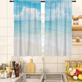 zokyer Beach Kitchen Curtains Ocean Coastal Summer Hawaii Sea Blue Sky Beachy Nautical Small Short 27.5" W x 39" L Window Treatment Tiers for Bedroom Living Room Bathroom 2 Panels Rod Pocket Drapes