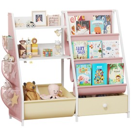 3in1 Kids Bookshelf and Toy Organizer, 3 Tier Sling Book Shelf with Movable Bins, Toddler Montessori Bookcase for Kids Rooms, Playroom, Nursery,Classroom (Pink)