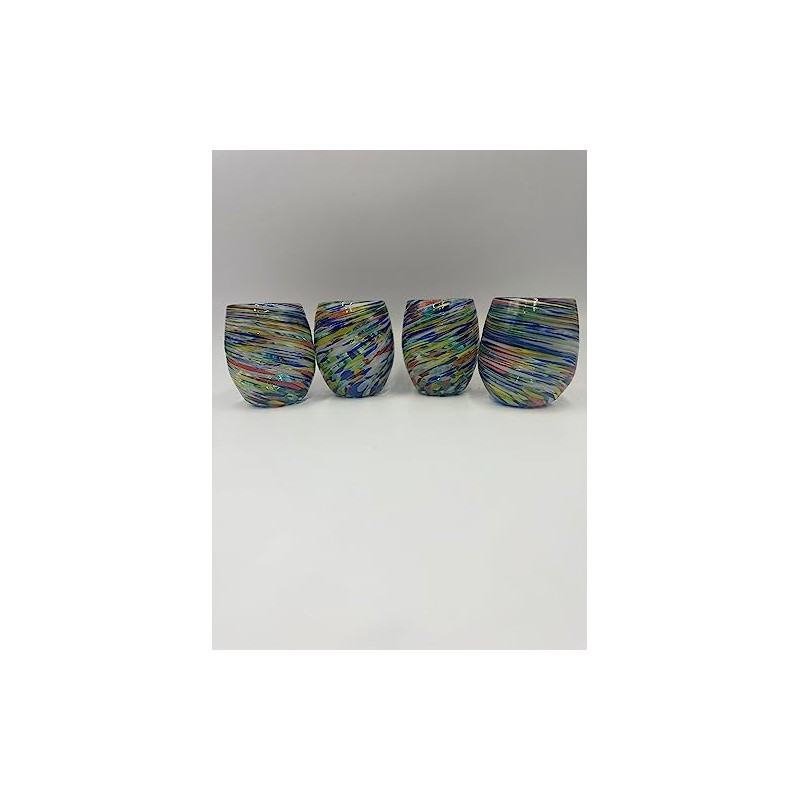 Handblown Confetti Stemless Wine Glass with Colorful Swirl Design (Set