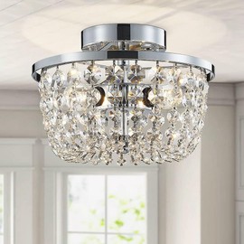 WUZUPS Crystal Chandelier Semi-Flushmount Ceiling Light Modern Lighting Fixture for Bedroom Hallway Bar Kitchen Bathroom, H 7.6" x W 9.8", Chrome, E12 Base