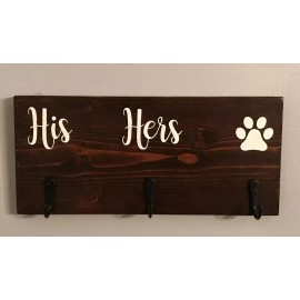 Handmade His - Hers - Paw Print wood key holder sign with hooks, custom,  leash holder