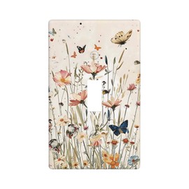 Single Toggle Light Switch Plate Decorative Vintage Watercolor Wildflowers Butterflies, 1 Gang Switch Plate Cover Abstract Receptacle Wall Plate Decor for Kitchen Bathroom Bedroom 2.76''x 4.5''
