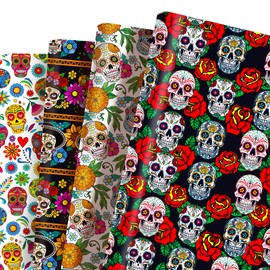 12 Sheets Day of the Dead Wrapping Paper, Double-Sided Printed Wrapping Paper, Birthday, 4 Types of Wrapping Paper Sheets for Children, Holiday, Birthday Wrapping Paper, 50 x 68 cm