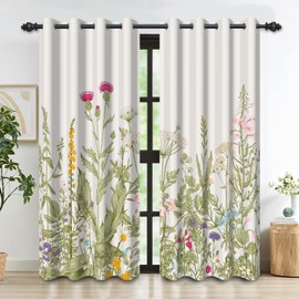 DASHAN Beige Floral Blackout Curtains for Bedroom 84 inch Length 2 Panels Set Farmhouse Botanical Room Darkening Curtains for Living Room Plant Thermal Insulated Curtains Grommet Window Drapes 52Wx84L