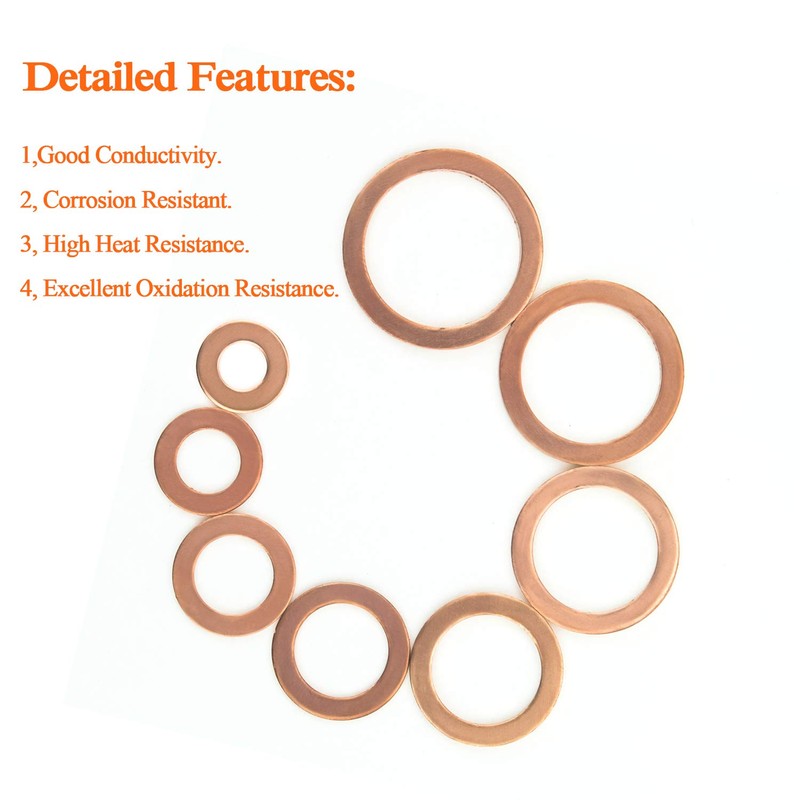 HELIFOUNER Copper Washers, 150PCS 8 Sizes Copper Metric Sealing Washers
