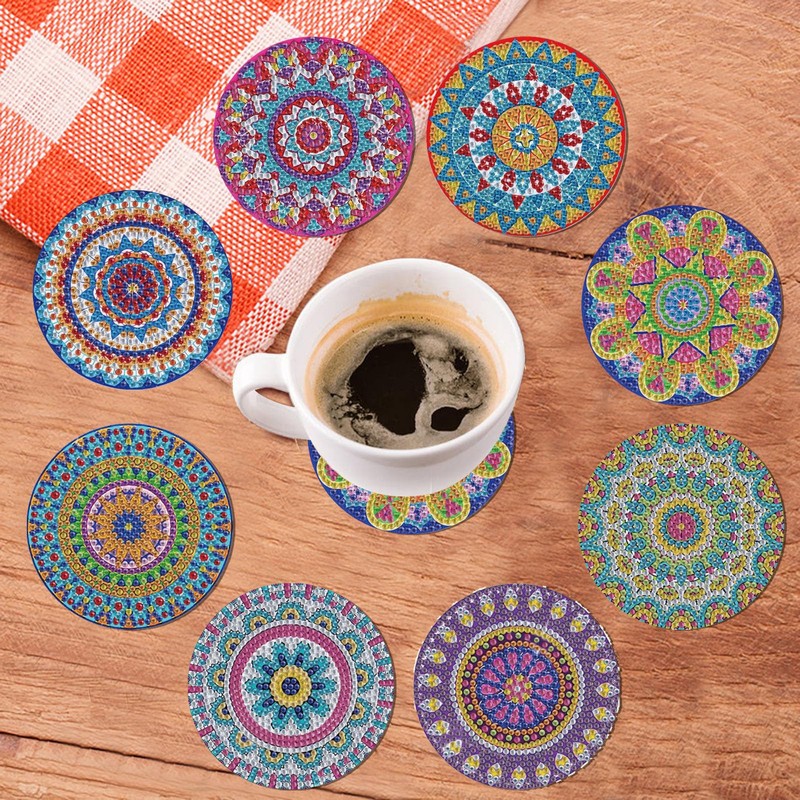 8 PCS 5D DIY Diamond Crafts Painting Coasters, Round Diamond