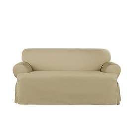 SureFit Heavyweight Cotton Duck T-Cushion Loveseat Slipcovers, Heavyweight Cotton Loveseat Cover, One Piece Design, Loveseat Cover with Seat Elastic and Adjustable Corner Ties, Khaki