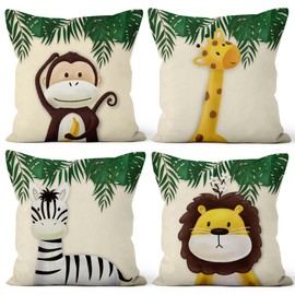 Aoihrraan 16 x 16 Inch Cute Cartoon Animal Cushion Covers Forest Monkey Giraffe Floral Plant Beige Soft Short Plush Square Baby Throw Pillow Cover Children'S Party Kid Sofa Bed Car, 40x40cm Set of 4